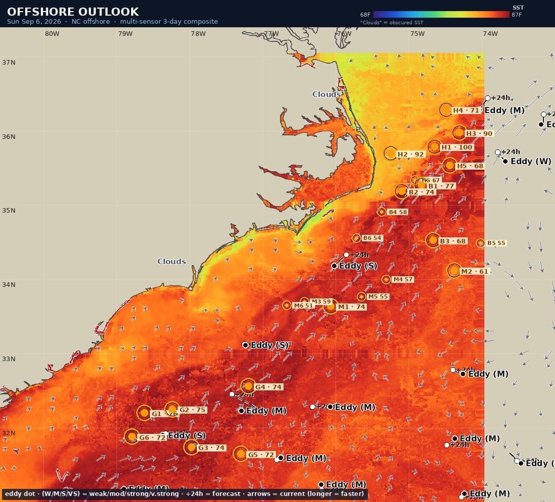 Offshore Outlook briefing map: SST raster of the Carolina coast with numbered gold hot-spot markers, labelled eddies, current arrows, cloud mask and legend