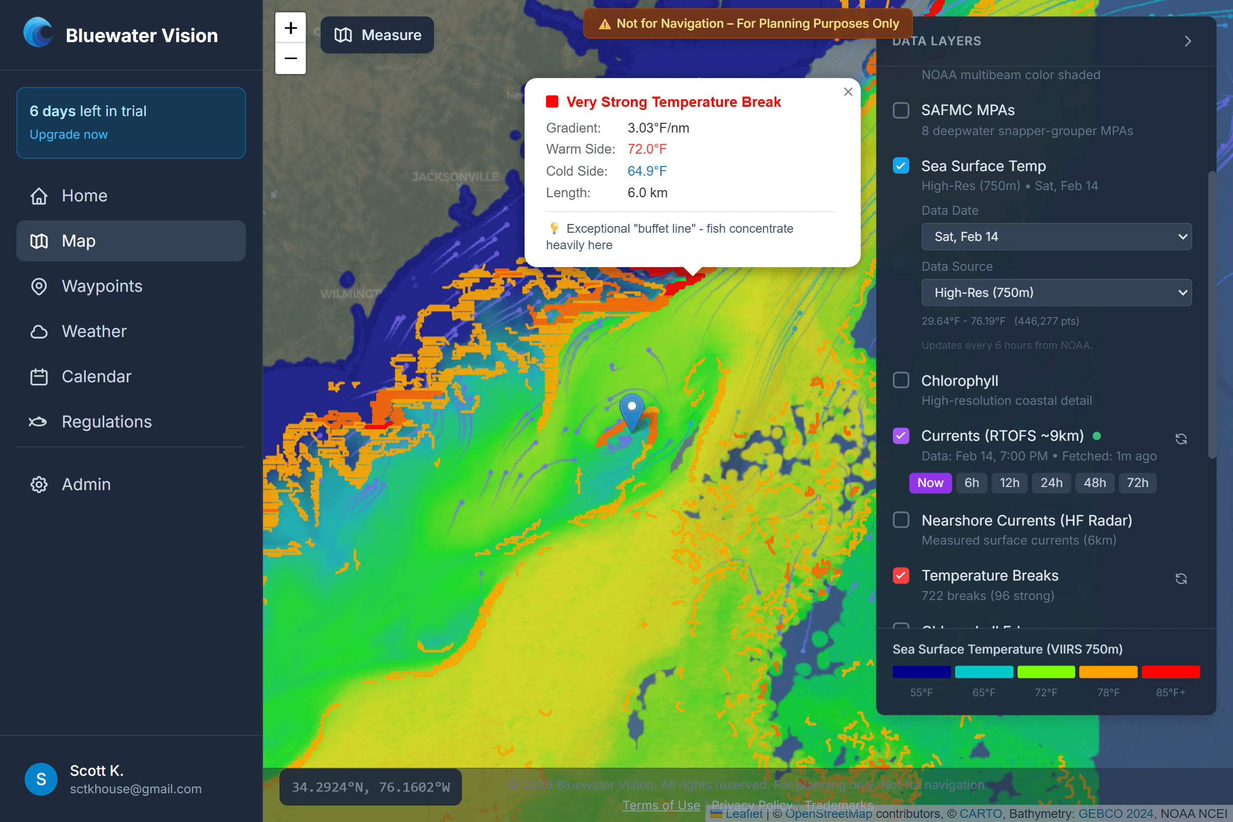 Bluewater Vision SST map showing temperature breaks off the Carolina coast